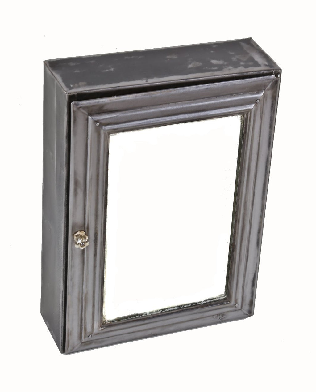 original c. 1920's antique american medical wall-mount pressed and folded steel hinged door cook county hospital medicine cabinet with intact mirror and knob pull