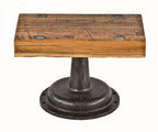 repurposed american vintage industrial low-lying stationary display stand or commercial store riser with cast iron boylston bonnet base and solid oak wood top