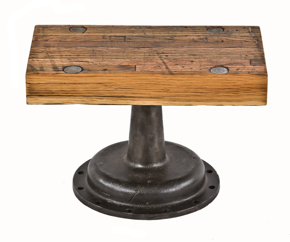 repurposed american vintage industrial low-lying stationary display stand or commercial store riser with cast iron boylston bonnet base and solid oak wood top