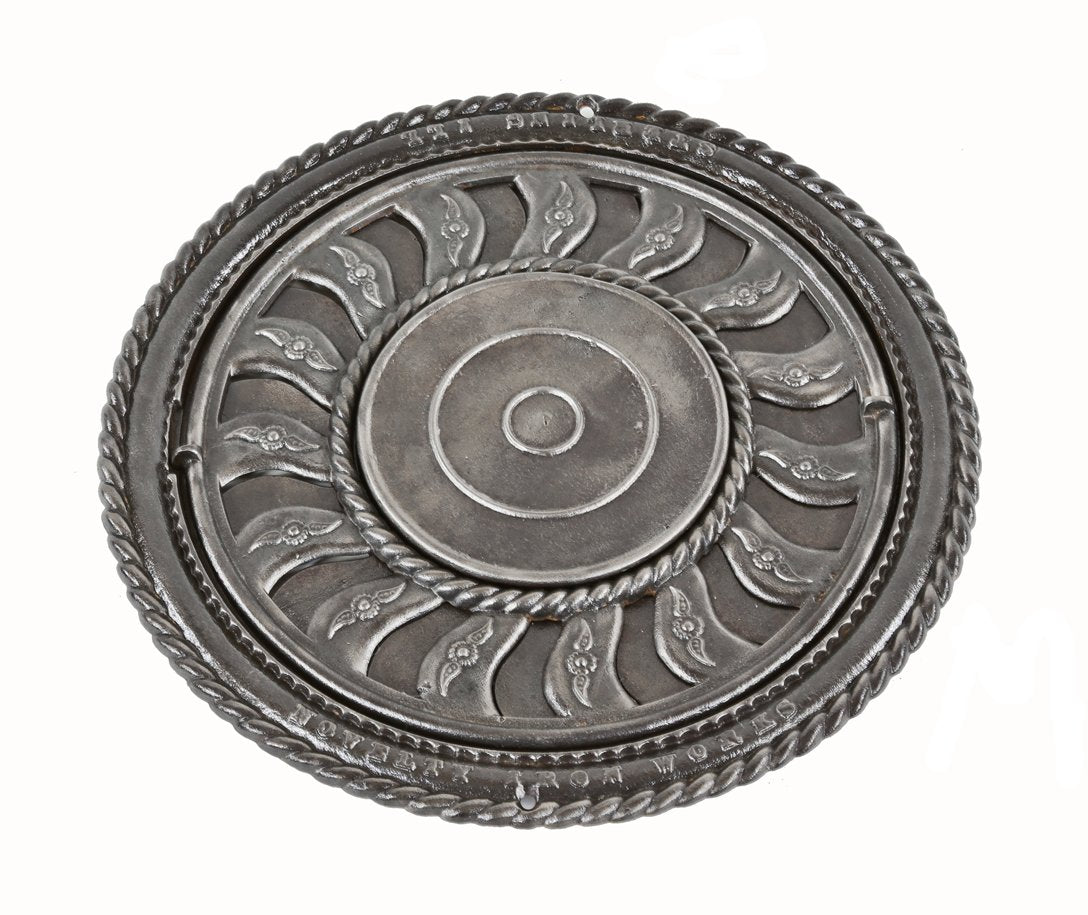 refinished late 19th or early 20th century american antique ornamental cast iron flush mount rotating ceiling or floor register with detachable stovepipe cover