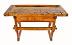 c. 1910-20 refinished antique american industrial four-legged maple wood christiansen workshop carpenter's bench with single pull-out drawer and deeply recessed tool tray