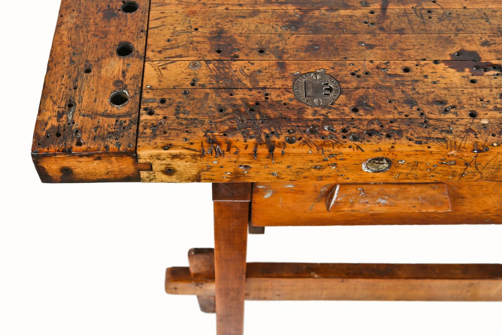 c. 1910-20 refinished antique american industrial four-legged maple wood christiansen workshop carpenter's bench with single pull-out drawer and deeply recessed tool tray