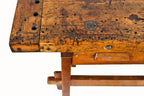 c. 1910-20 refinished antique american industrial four-legged maple wood christiansen workshop carpenter's bench with single pull-out drawer and deeply recessed tool tray