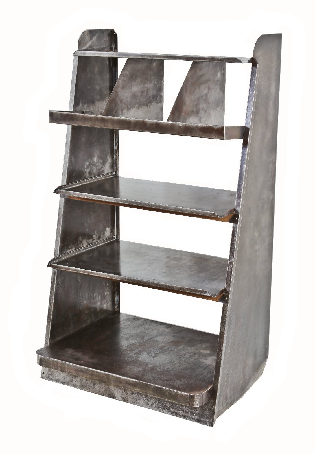oversized c. 1930's american antique industrial standard cold-rolled steel chicago filling station oil product display shelving unit with brushed metal finish
