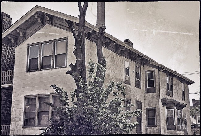 all original c. 1855 pre-fire chicago refinished white pine wood exterior residential two-over-two single-hung john kent russell house sash window with wood dowels