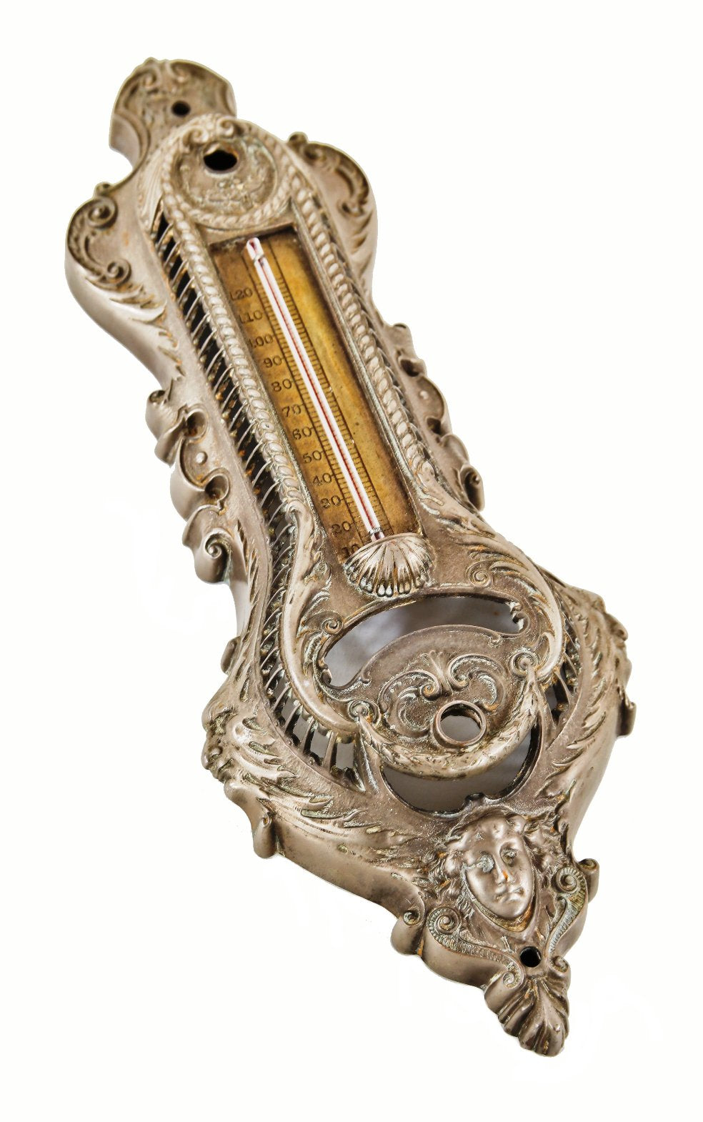 rare late 19th or early 20th century nickel-plated ornamental cast bronze wall-mount johnson interior residential mechanical thermostat cover with scale plate and glass thermometer