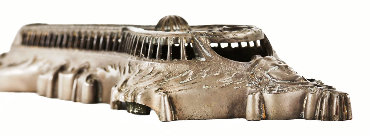 rare late 19th or early 20th century nickel-plated ornamental cast bronze wall-mount johnson interior residential mechanical thermostat cover with scale plate and glass thermometer