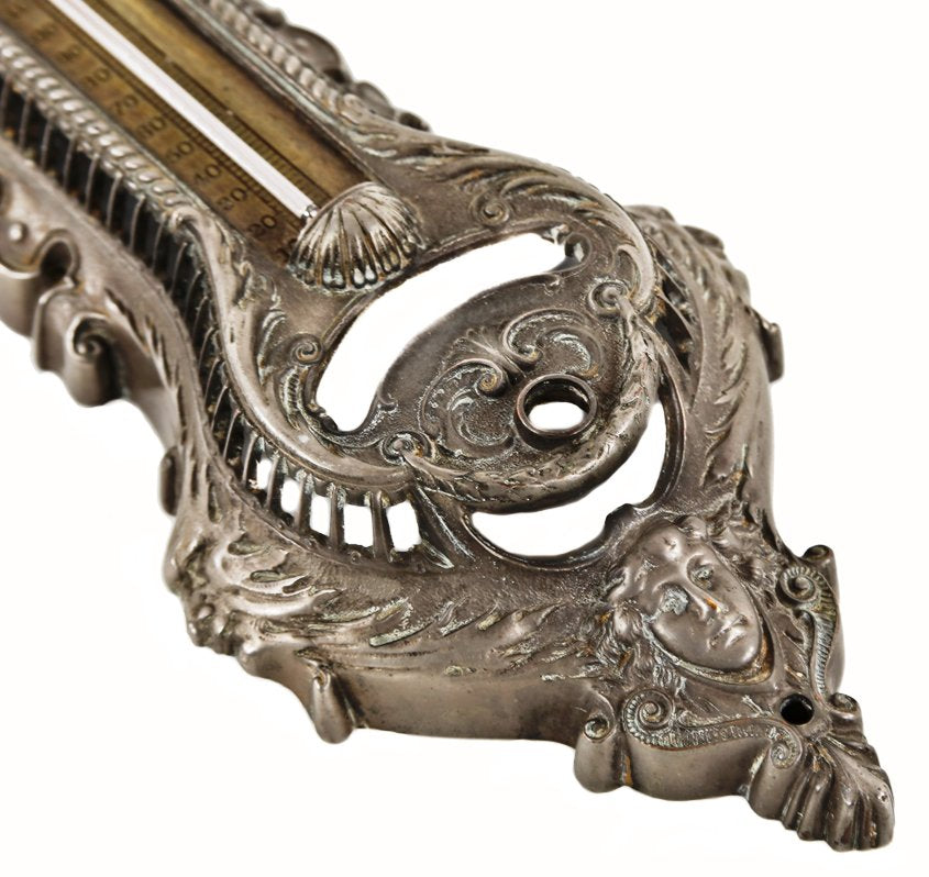 rare late 19th or early 20th century nickel-plated ornamental cast bronze wall-mount johnson interior residential mechanical thermostat cover with scale plate and glass thermometer