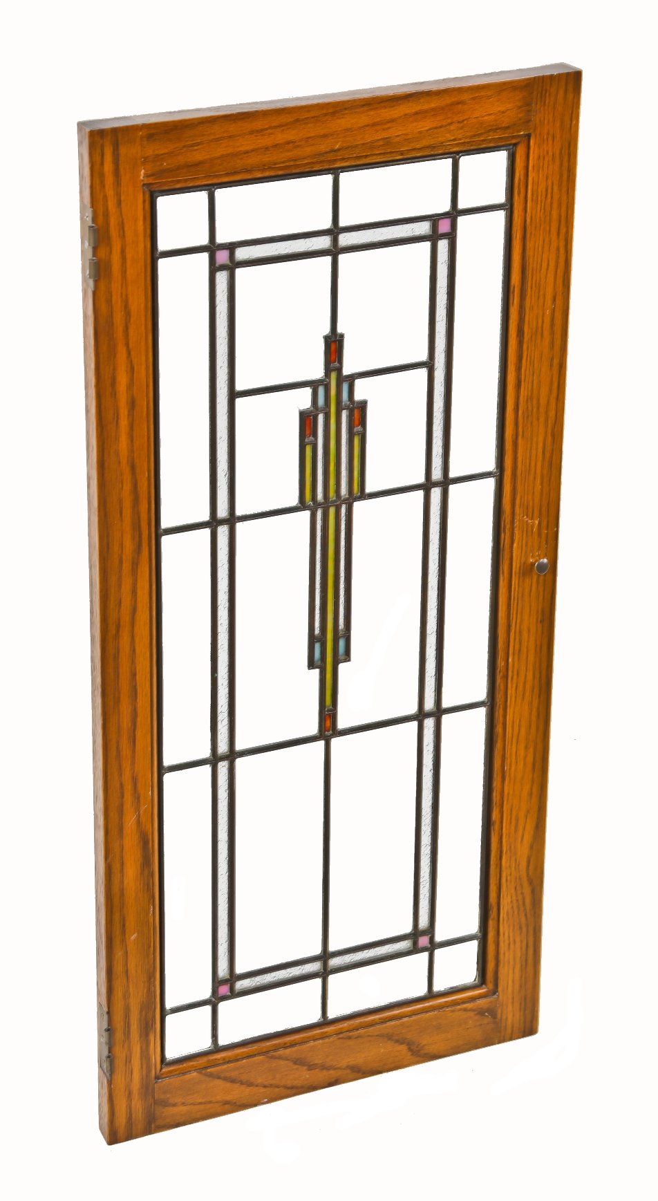 extraordinary early 20th century all original and intact chicago prairie school style beveled and art glass interior residential cabinet door with solid varnished oak wood frame