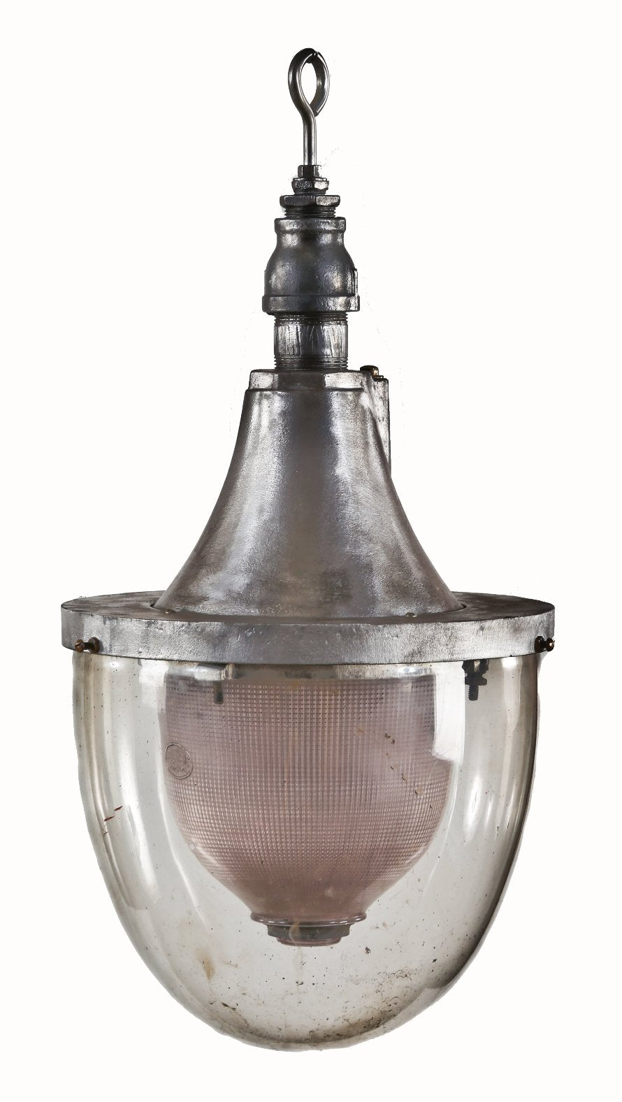 all original c. 1930's american antique industrial exterior "symmetric" holophane prism glass bowl refractor exterior street lamp with intact protective clear glass dome