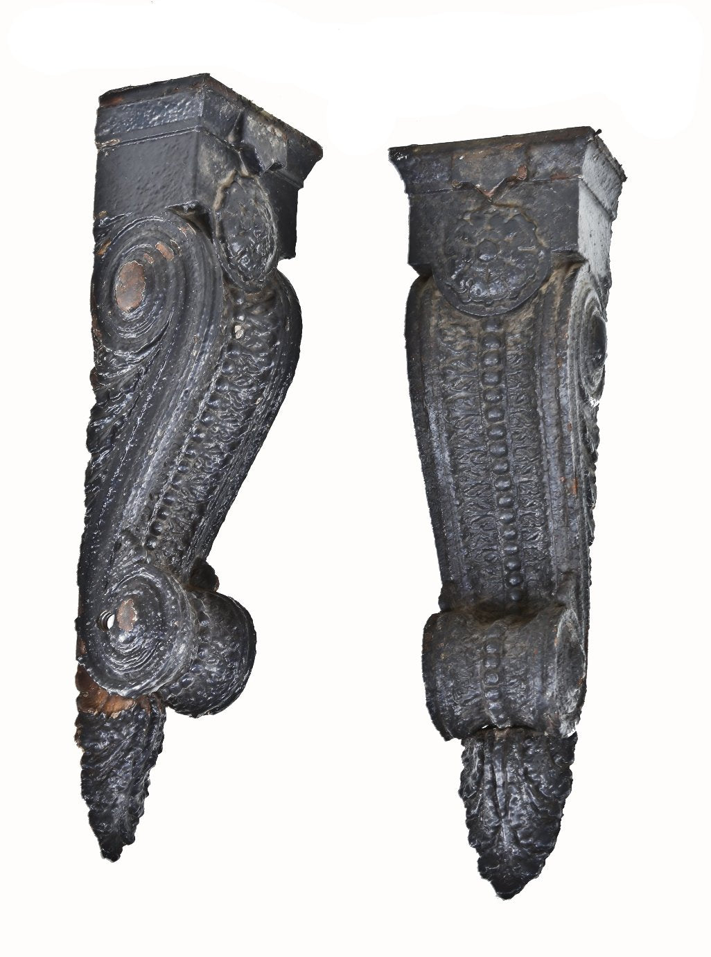 pair of matching and original c. 1904 historically-important american exterior ornamental cast iron chicago and northwestern railroad office building facade black painted corbels