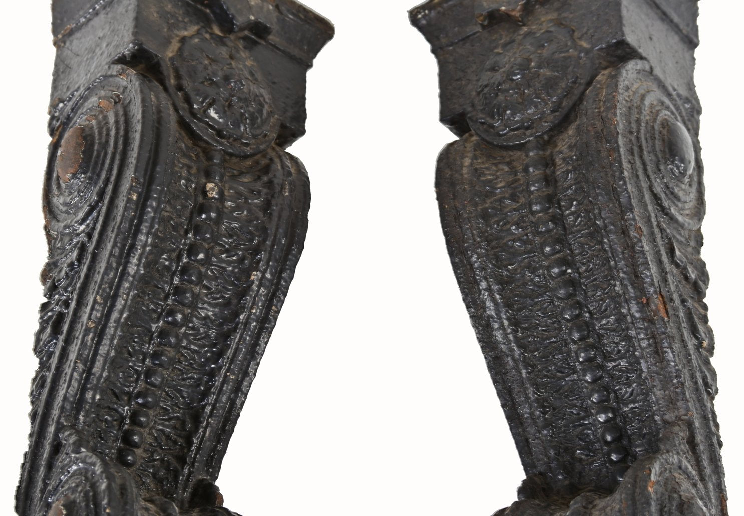 pair of matching and original c. 1904 historically-important american exterior ornamental cast iron chicago and northwestern railroad office building facade black painted corbels