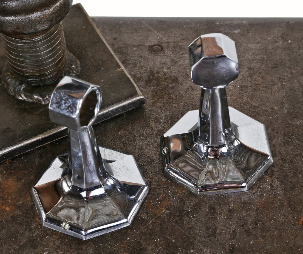 two identical original c. late 1920's "new old stock" american art deco machine age interior residential polished chrome-plated steel wall-mount towel bar or rod brackets