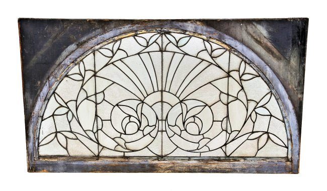 impressive early 1880's antique american enormous interior commercial building victorian era arch top leaded glass transom window with abundant leafage and scrollwork
