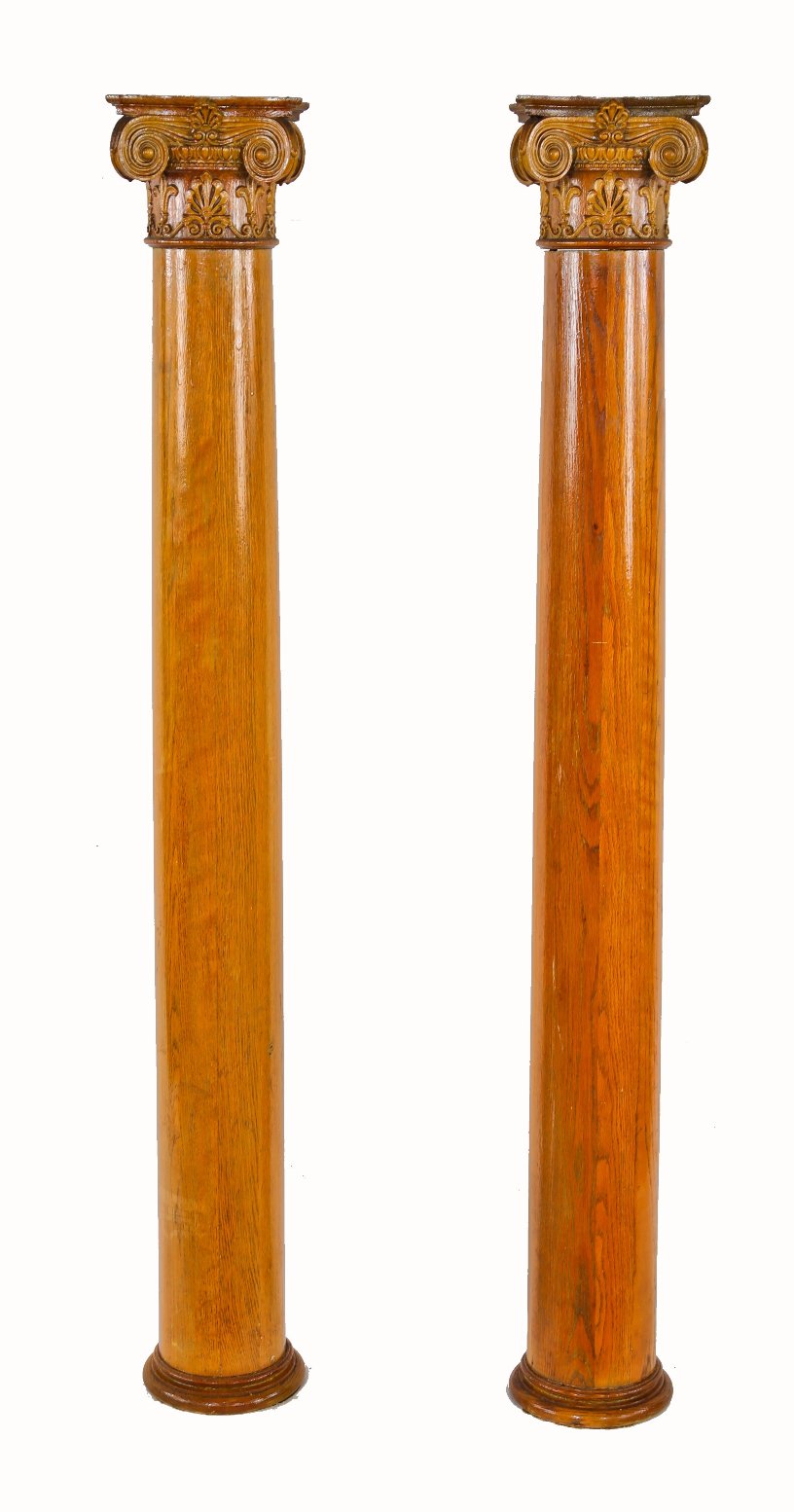 matching set of late 19th or early 20th century antique american victorian era freestanding interior residential varnished oak wood room divider columns with matching capitals