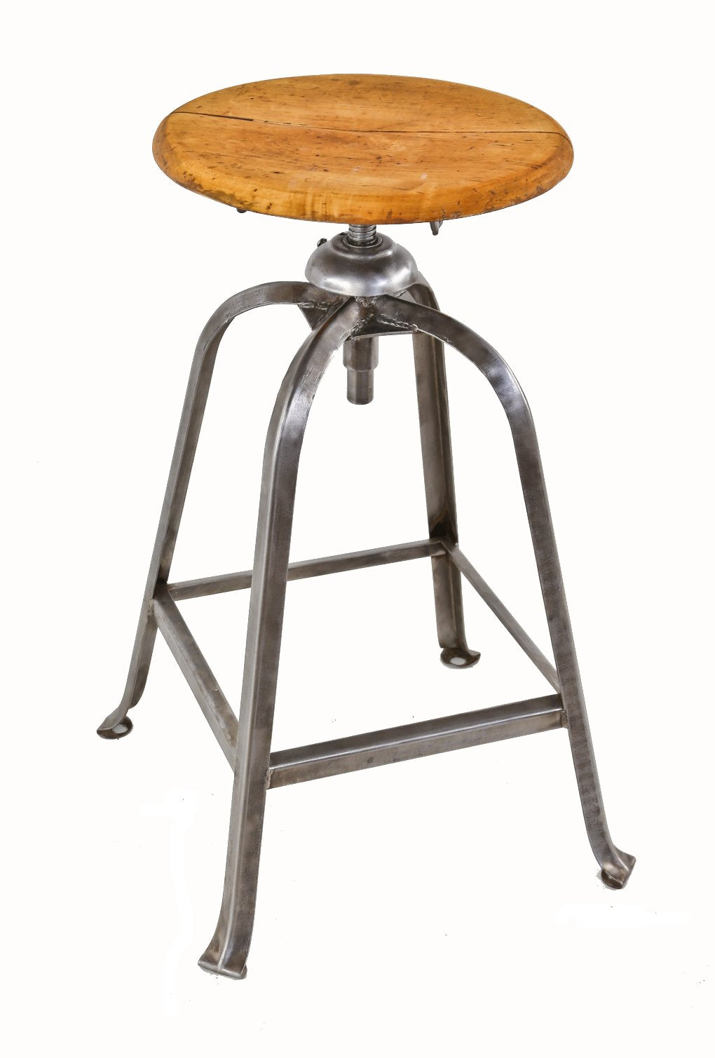 refinished adjustable height american industrial c. 1930's depression era heavy gauge riveted joint steel factory machinist stool with revolving maple wood seat