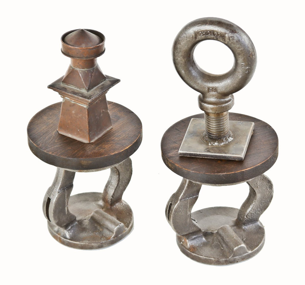 matching set of repurposed diminutive cast iron boylston high pressure stream valve bonnets with newly added maple wood tops