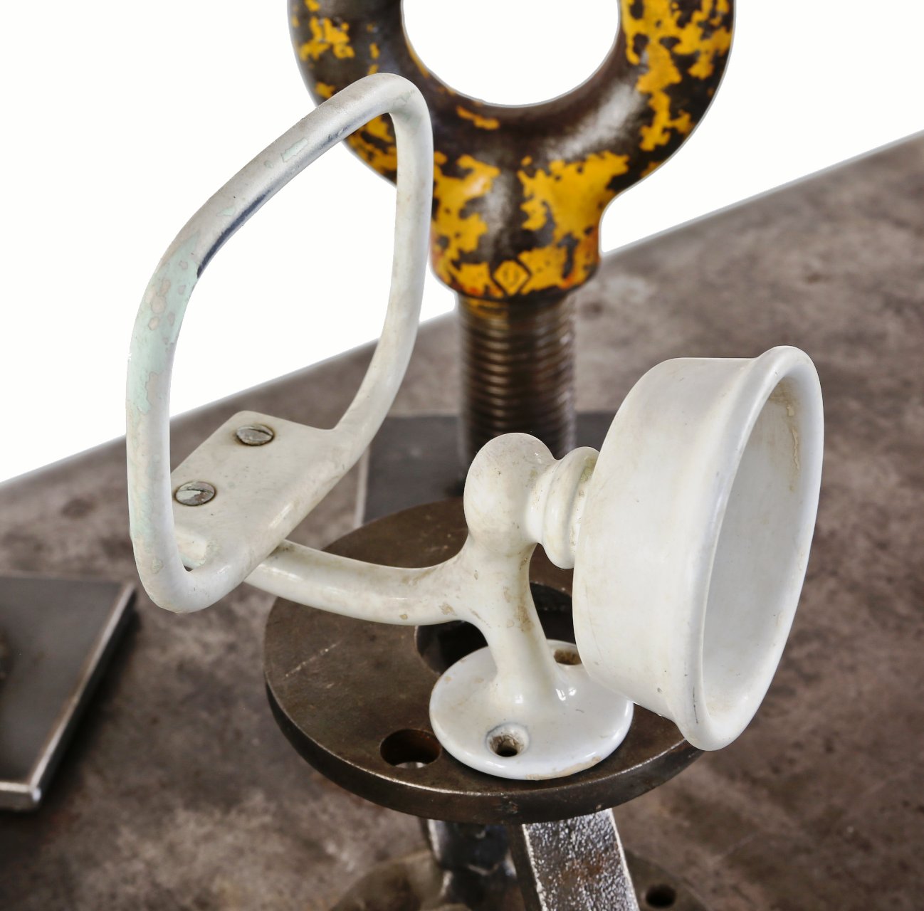 hard to find original early 20th century factory office lavatory combination cup holder and oversized stationary ring that likely was used with a hand towel