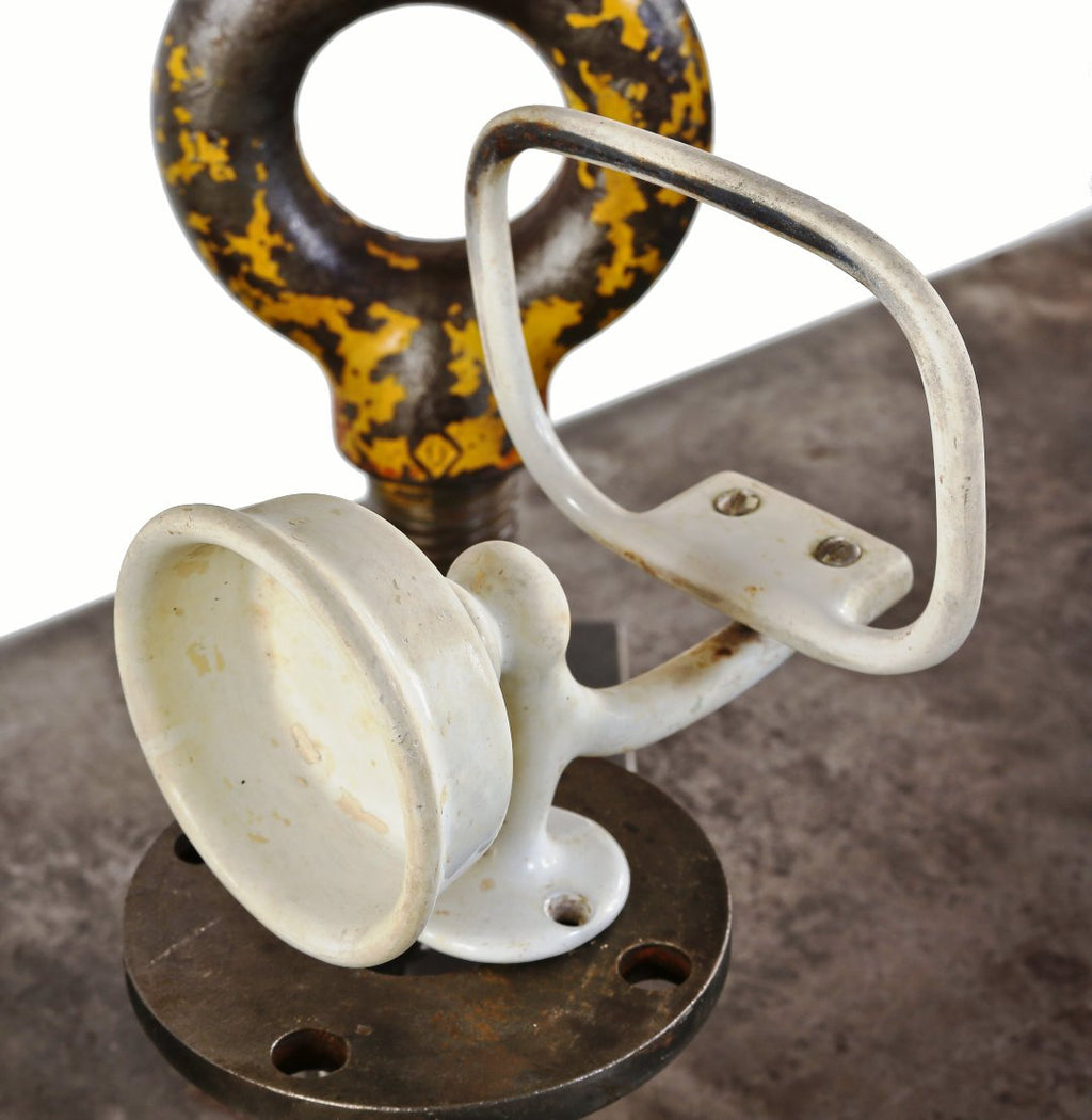single c. 1920's american antique white porcelain enameled cast iron interior residential wall-mount bathroom combination soap dish or towel ring and cup holder