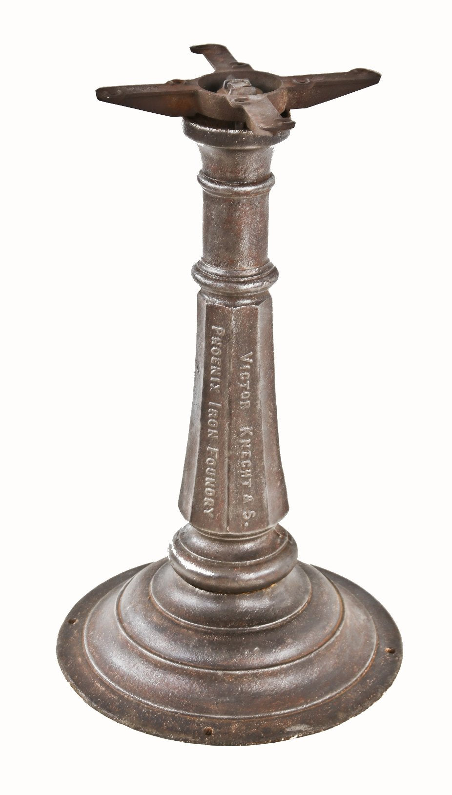 late 19th or early 20th century original antique american industrial tapered and multifaceted heavy cast iron saloon table base with overiszed circular floor plate