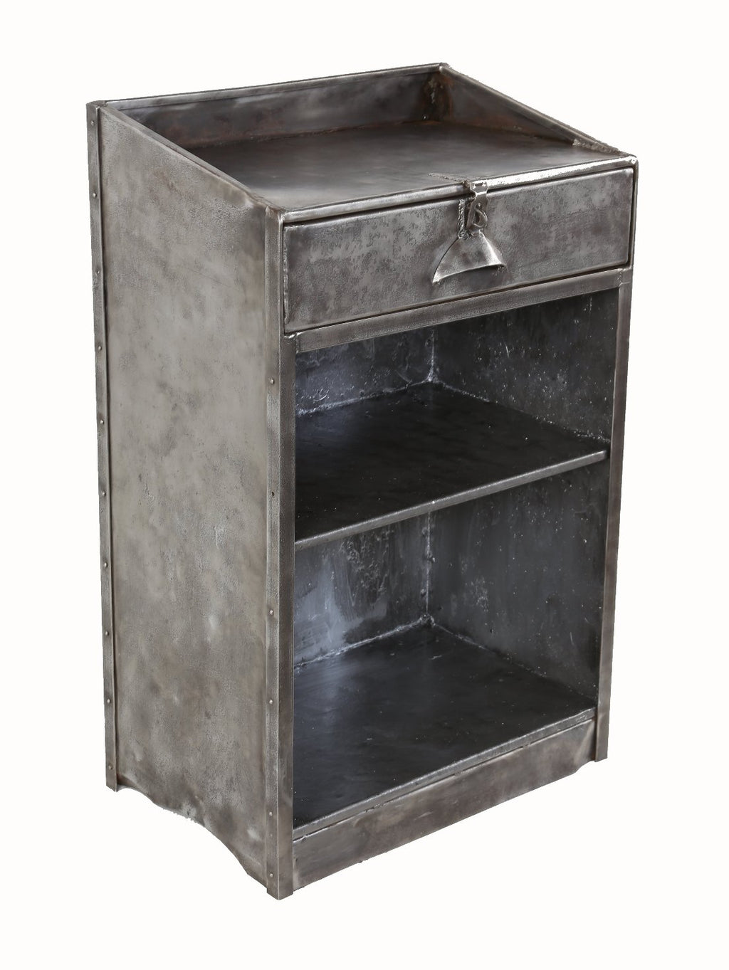strong and sturdy c. 1930's american depression era antique industrial custom-built riveted joint rolled sheet steel factory foreman's standing desk with single drawer