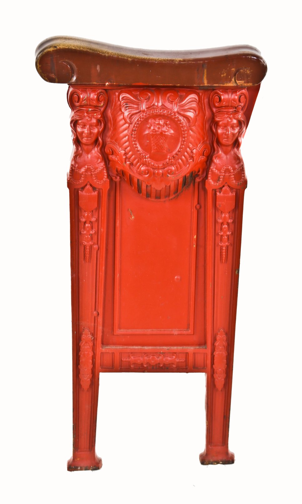 original c. 1920's antique american ornamental red painted cast iron figural theater seat end and armrest salvaged from the gethsemane missionary baptist church
