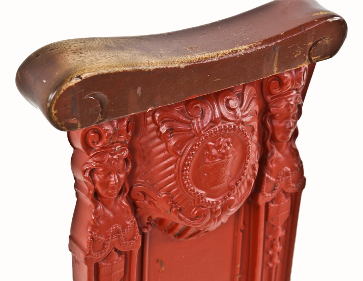 original c. 1920's antique american ornamental red painted cast iron figural theater seat end and armrest salvaged from the gethsemane missionary baptist church