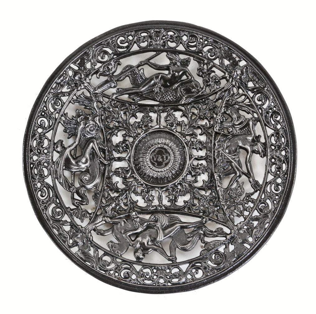 richly ornate late 19th or early 20th century remarkably well-designed and highly intricate yale & towne perforated cast iron advertising card tray