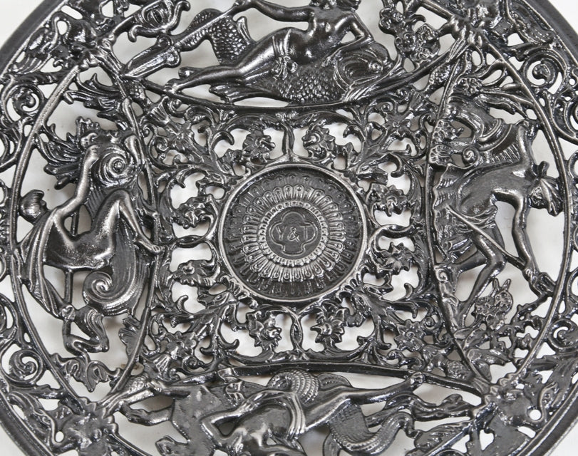 richly ornate late 19th or early 20th century remarkably well-designed and highly intricate yale & towne perforated cast iron advertising card tray