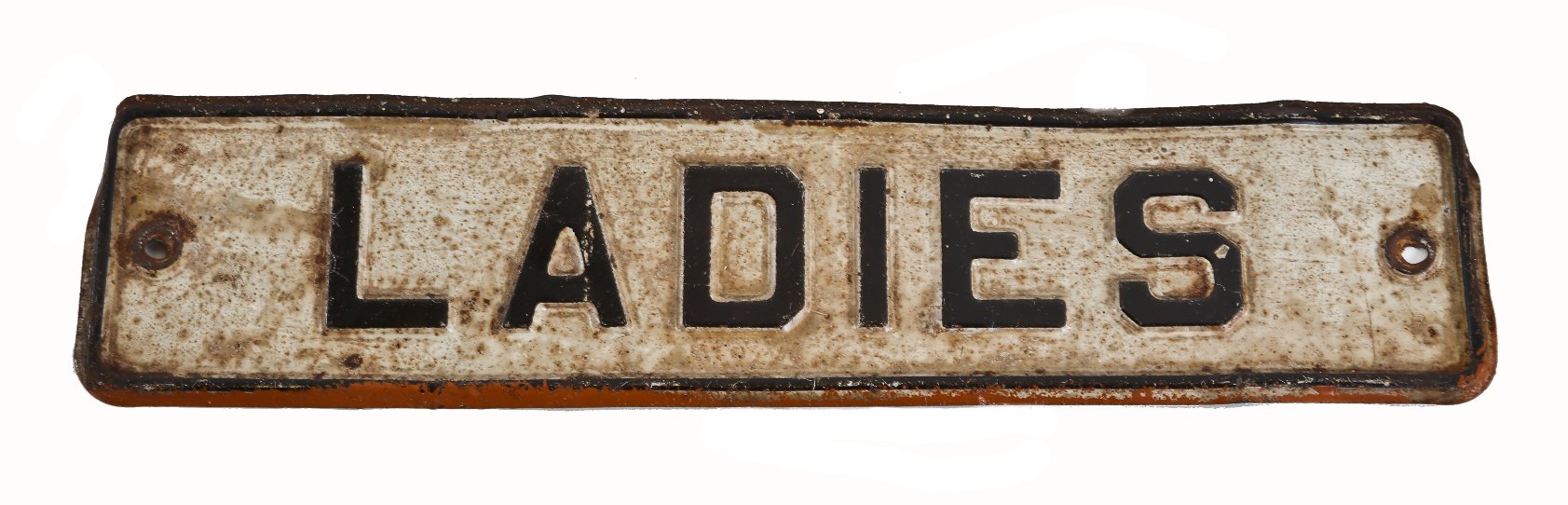 american depression era single-sided white and black enameled stamped steel "ladies" flush mount lavatory or bathroom door sign with surface wear evident
