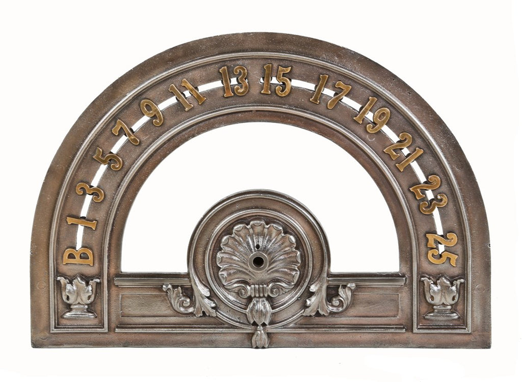 oversized early 1930's american depression-era ornamental cast iron city-bank farmers trust building interior elevator lobby arch top floor indicator plaque