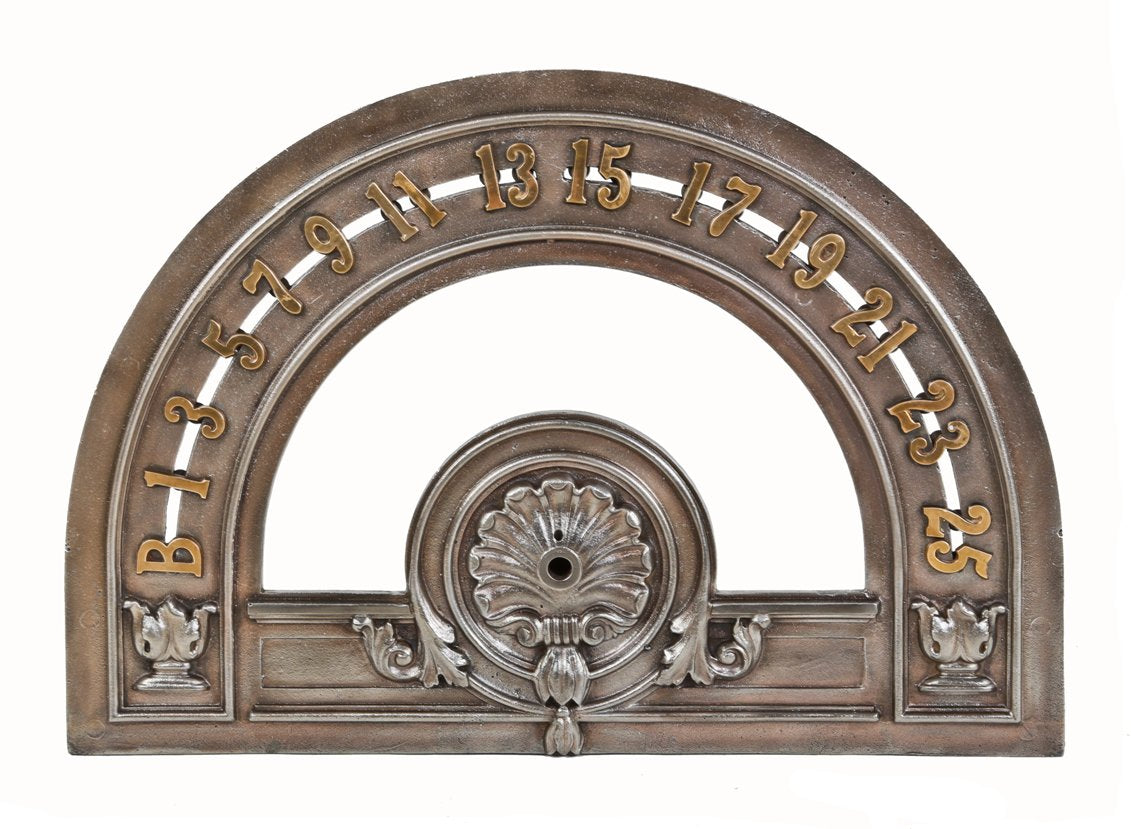 oversized early 1930's american depression-era ornamental cast iron city-bank farmers trust building interior elevator lobby arch top floor indicator plaque