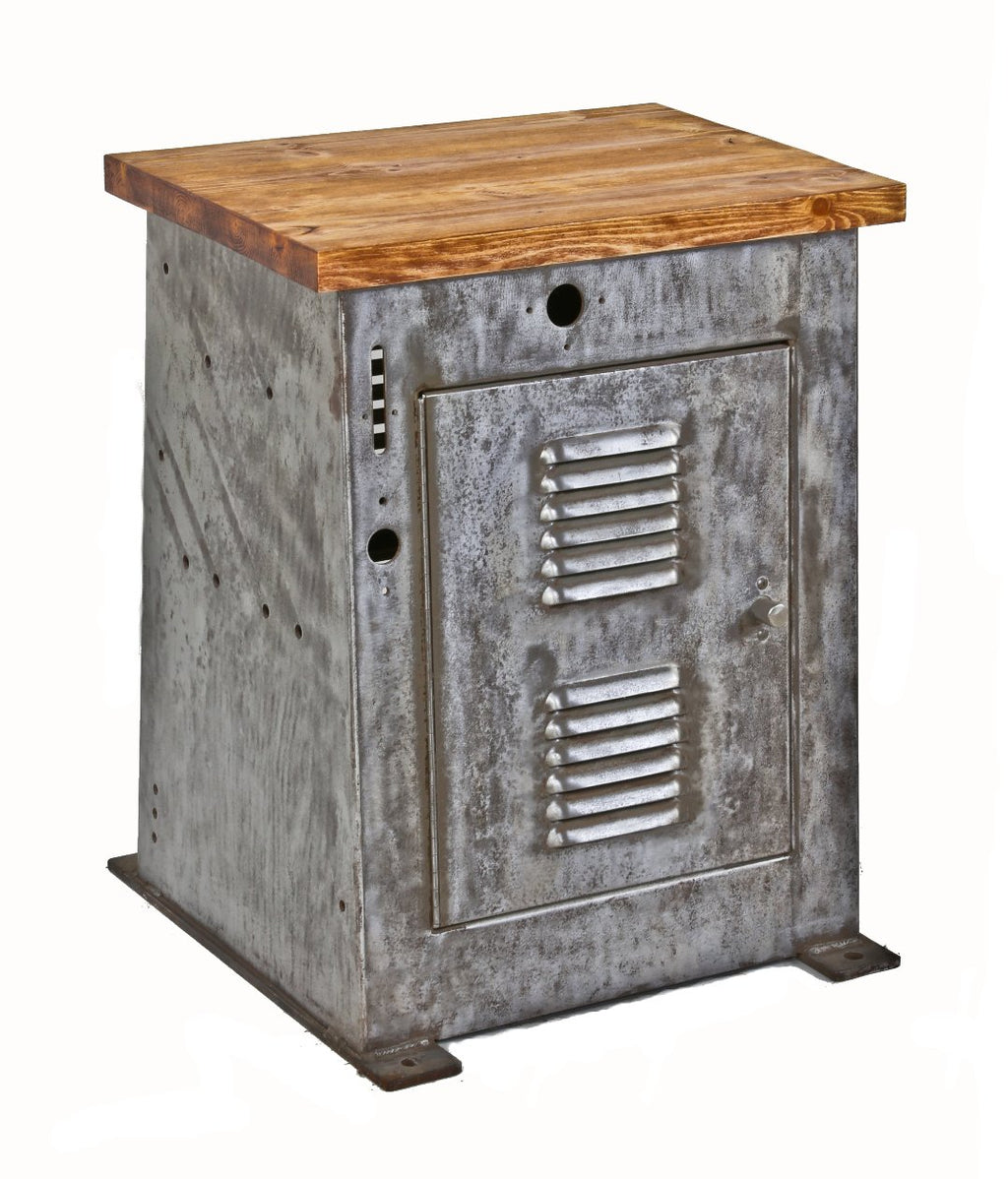 repurposed c. 1930's american antique industrial remarkably heavy factory machine lathe machine table base with louvered door and newly added wood tabletop