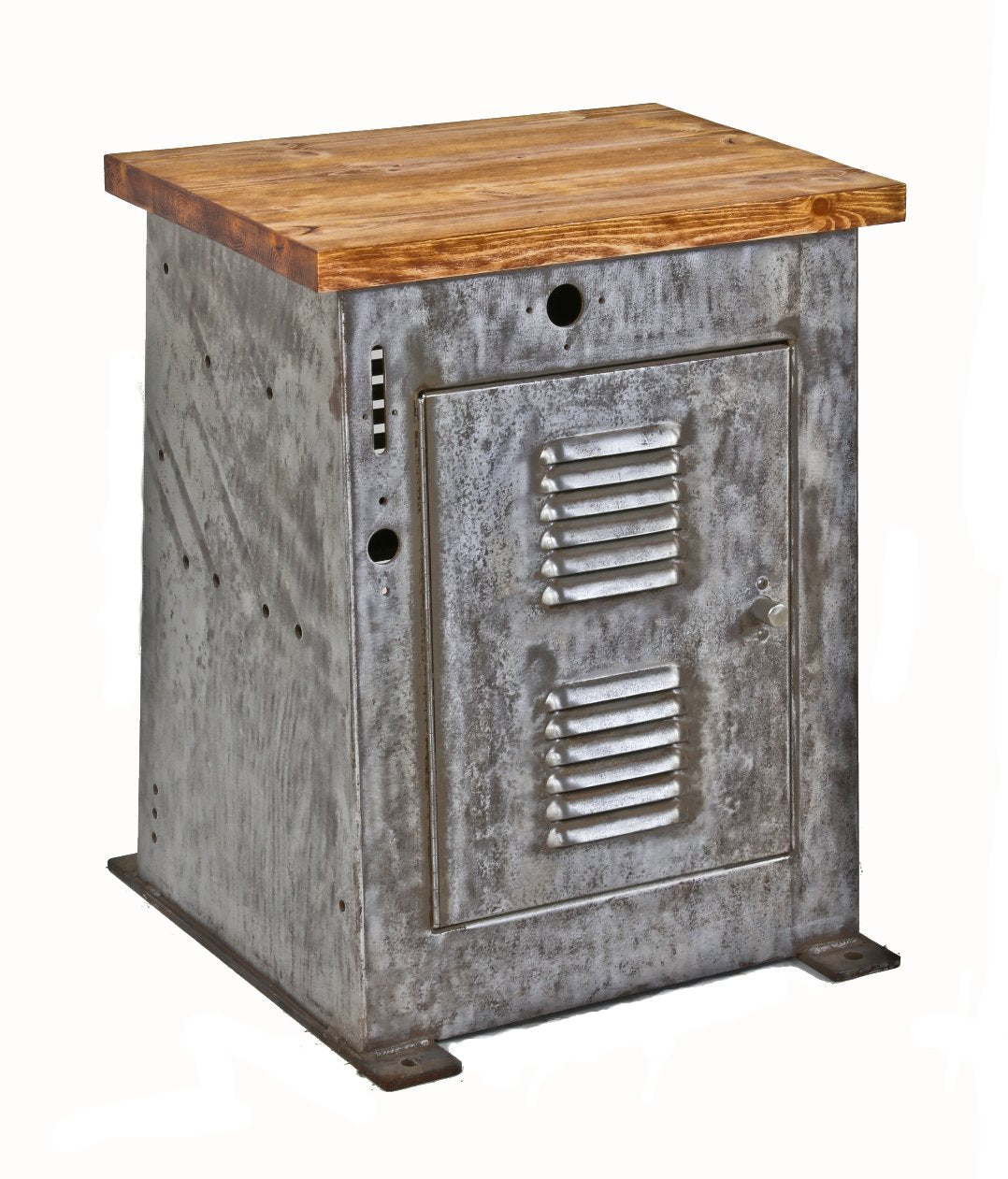 repurposed c. 1930's american antique industrial remarkably heavy factory machine lathe machine table base with louvered door and newly added wood tabletop