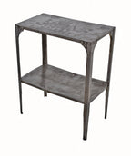 refinished lightweight c. 1950's american industrial pressed and folded steel two-tier durable factory machine shop stationary side table