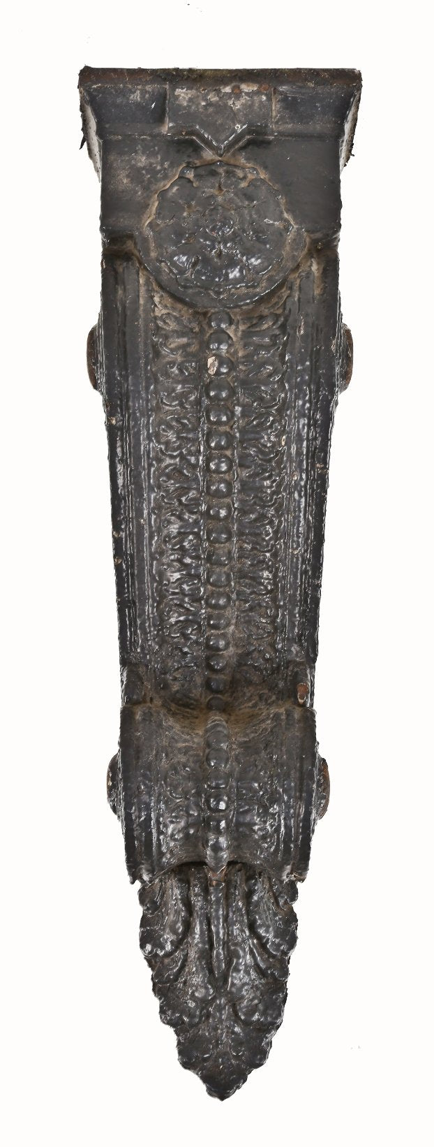 original c. 1904 single exterior black painted ornamental cast iron northwestern railroad commercial building facade corbel