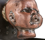 visually distinctive c. 1960's refinished american vintage industrial toy factory copper doll head mold with reconfigured welded joint steel moutning bracket