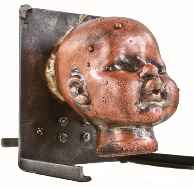 visually distinctive c. 1960's refinished american vintage industrial toy factory copper doll head mold with reconfigured welded joint steel moutning bracket