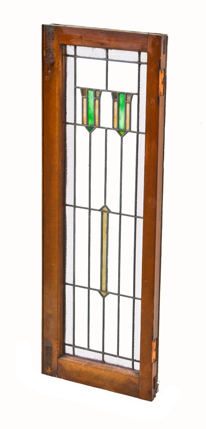 all original and completely intact early 1920's american prairie school style leaded art glass interior residential casement window with original varnished wood sash frame
