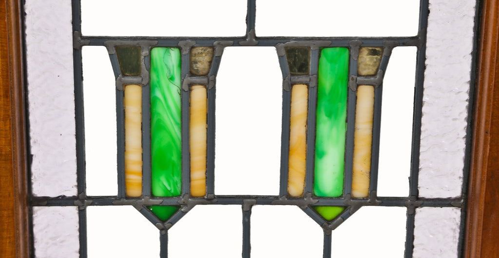 all original and completely intact early 1920's american prairie school style leaded art glass interior residential casement window with original varnished wood sash frame