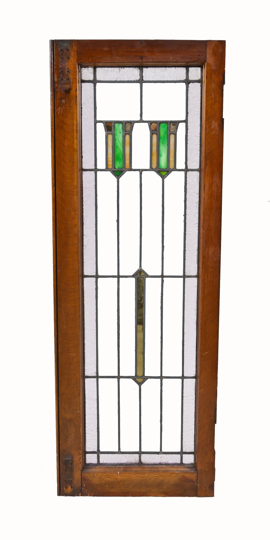 intact and all original c. 1920's antique american interior residential prairie style chicago bungalow leaded art glass window with gold leaf flash glass and intact pine wood sash frame