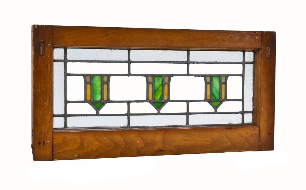 c. 1920's original antique american interior residential chicago bungalow leaded art glass prairie school transom window with gold lead flash glass