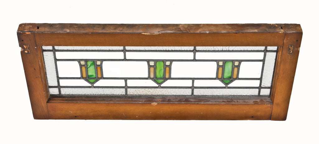 strongly geometric c. 1920's original and intact diminutive leaded art glass prairie school style interior residential chicago bungalow wood framed window