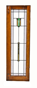 all original early 1920's single salvaged prairie school style interior residential art glass sidelight window with original pine wood sash frame and gold leaf flash glass