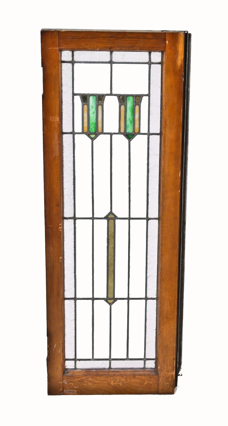 c. 1920's original chicago bungalow leaded art glass interior casement window with slag glass shields and structurally sound varnished pine wood sash frame