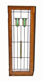 c. 1920's original chicago bungalow leaded art glass interior casement window with slag glass shields and structurally sound varnished pine wood sash frame
