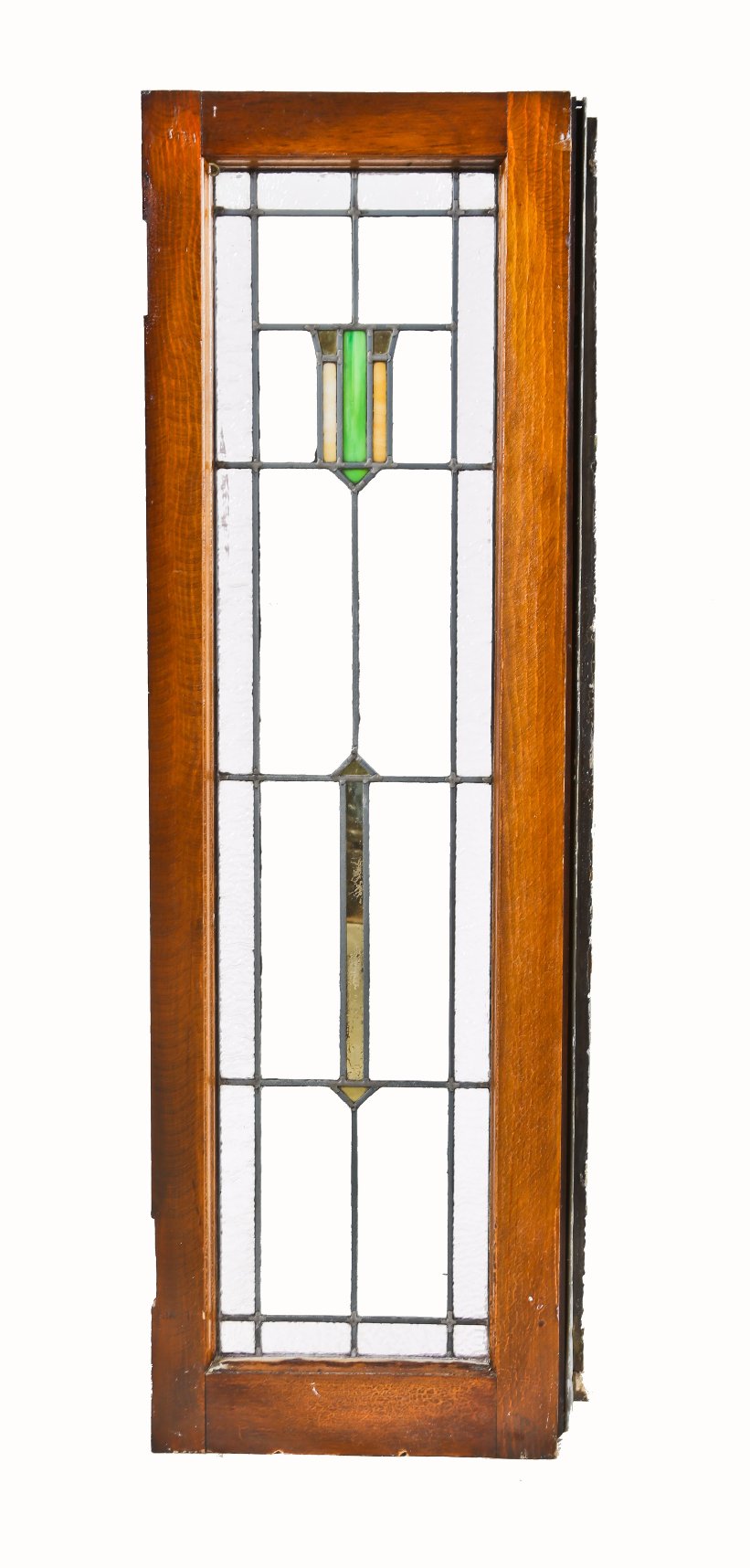 c. 1920-25 original american antique chicago bungalow prairie school style leaded art glass interior residential sidelight with intact varnished pine wood window sash frame
