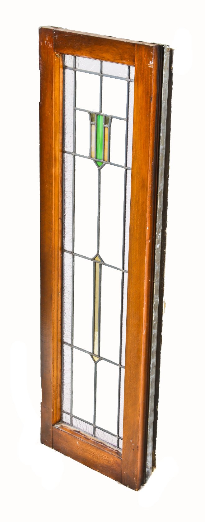 early 20th century chicago bungalow strongly geometric leaded art glass interior residential long and narrow sidelight with a single colorful slag glass shield