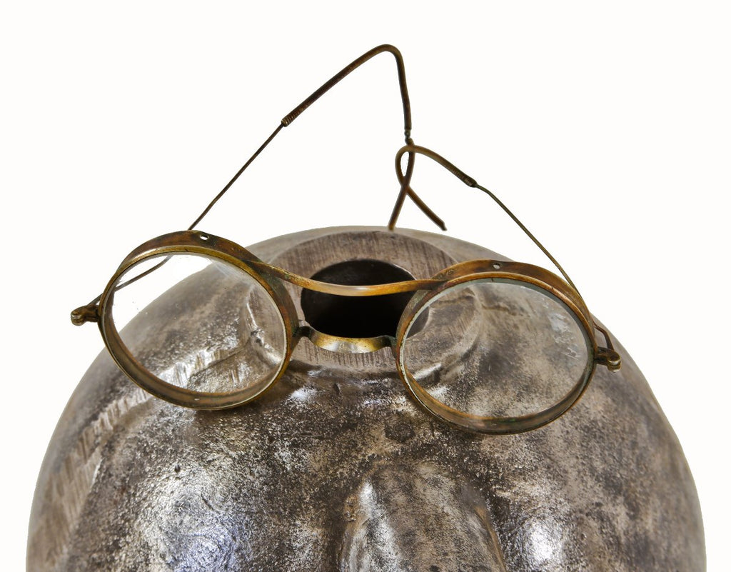 hard to find early 20th century american industrial yellow brass "saniglass" factory machinist king's safely glass or glasses with intact beveled edge thick glass lenses