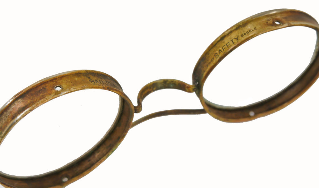 hard to find early 20th century american industrial yellow brass "saniglass" factory machinist king's safely glass or glasses with intact beveled edge thick glass lenses